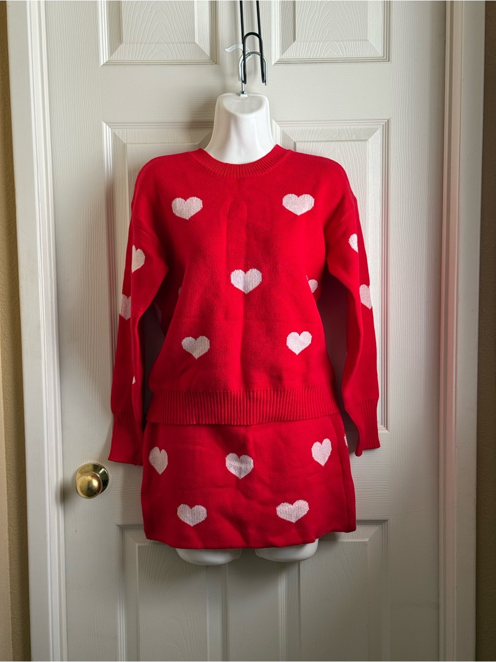 & Other Stories Red Sweater and Skirt Set with White Hearts